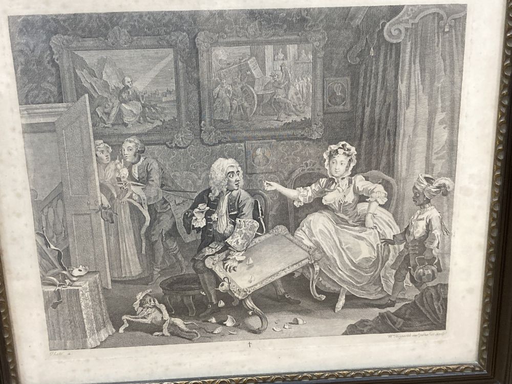 After William Hogarth, set of six engravings, The Harlots Progress, overall 37 x 44cm